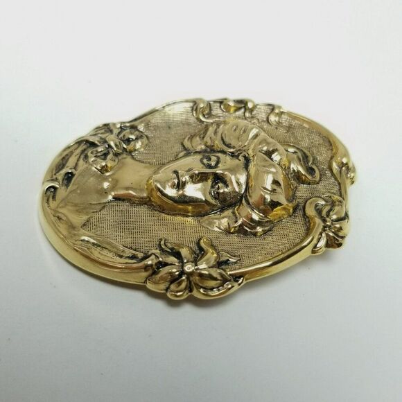 Vintage Cameo Gold Tone Gibson Style Girl Brooch Embossed Pressed Metal Pin - Picture 2 of 5